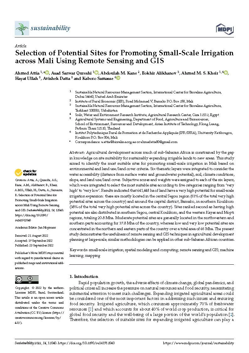 Selection of Potential Sites for Promoting Small-Scale Irrigation across Mali Using Remote Sensing and GIS