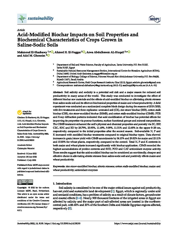 Acid-Modified Biochar Impacts on Soil Properties and Biochemical Characteristics of Crops Grown in Saline-Sodic Soils