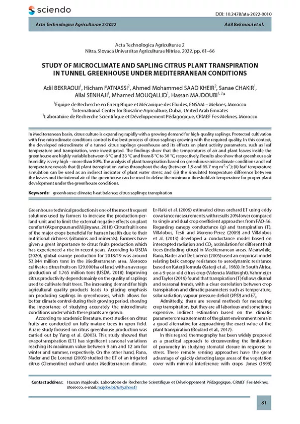 Study of Microclimate and Sapling Citrus Plant Transpiration in Tunnel Greenhouse Under Mediterranean Conditions