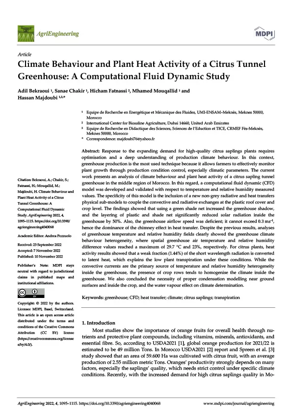 Climate Behaviour and Plant Heat Activity of a Citrus Tunnel Greenhouse: A Computational Fluid Dynamic Study