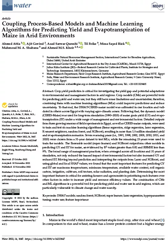 Coupling Process-Based Models and Machine Learning Algorithms for Predicting Yield and Evapotranspiration of Maize in Arid Environments